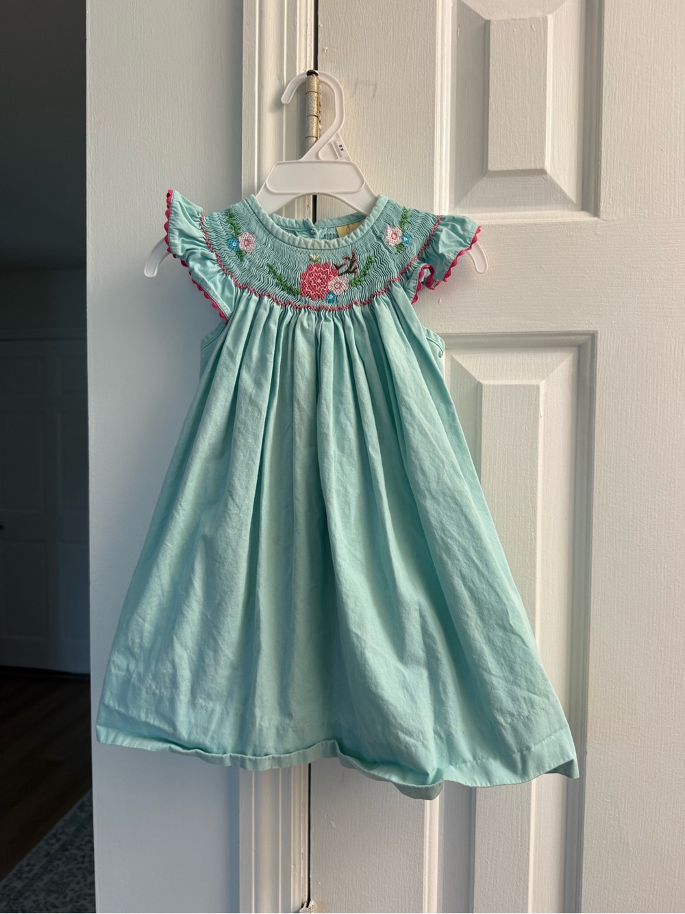 Girls' Aqua Embroidered Smocked Dress with Pink Trim